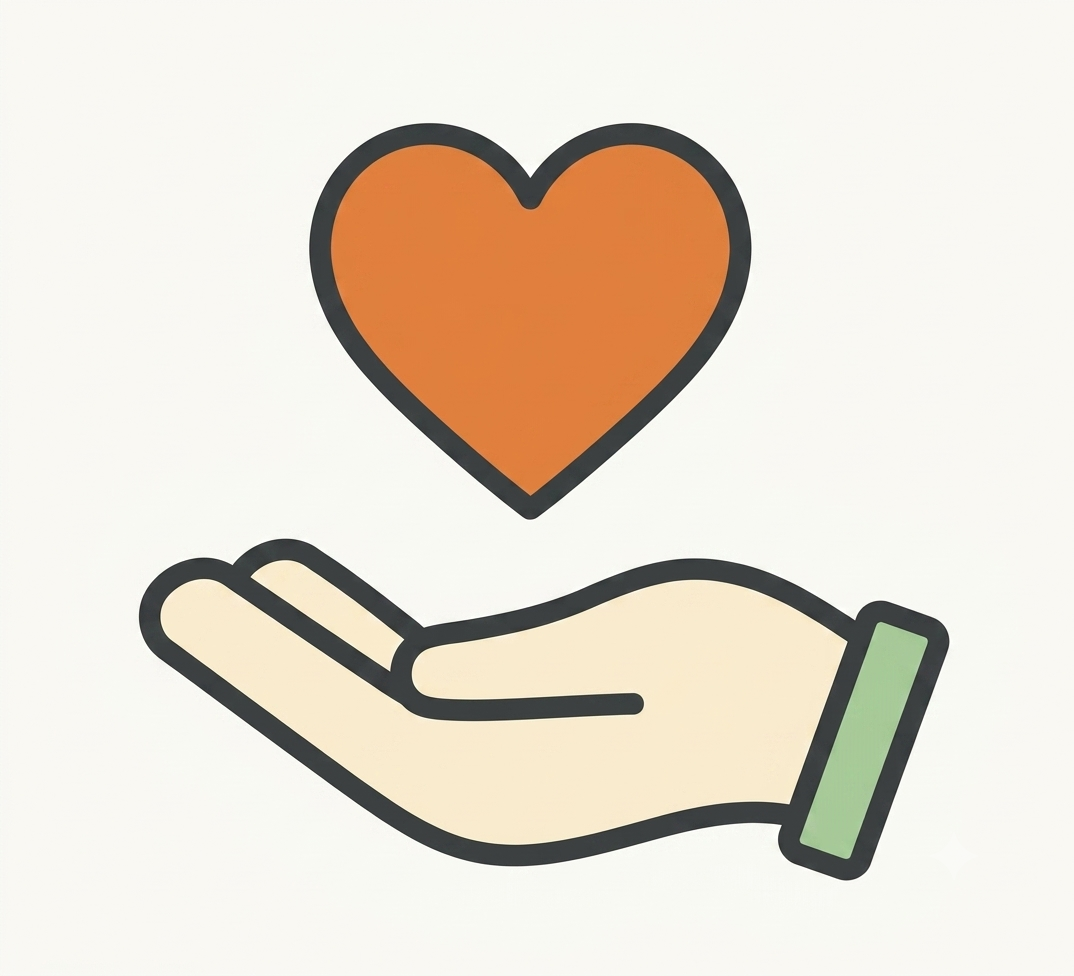 Illustration of a hand with a green cuff holding an orange heart above the palm.