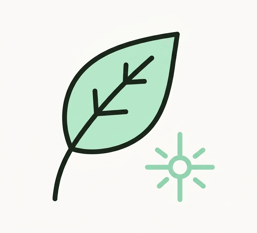 Green leaf with black outline and a small sun icon to the lower right on a white background.