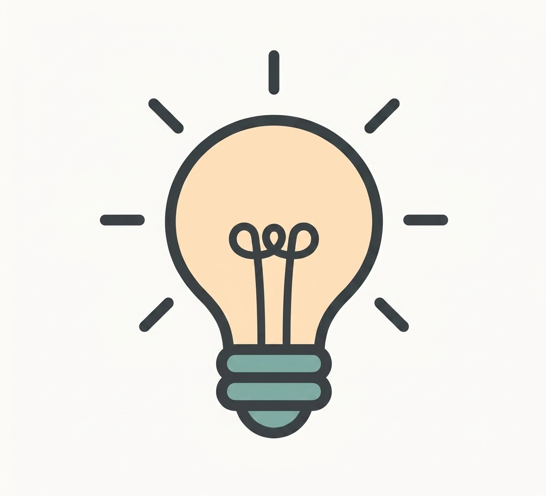 Illustration of a glowing light bulb with light rays, symbolizing an idea or creativity.