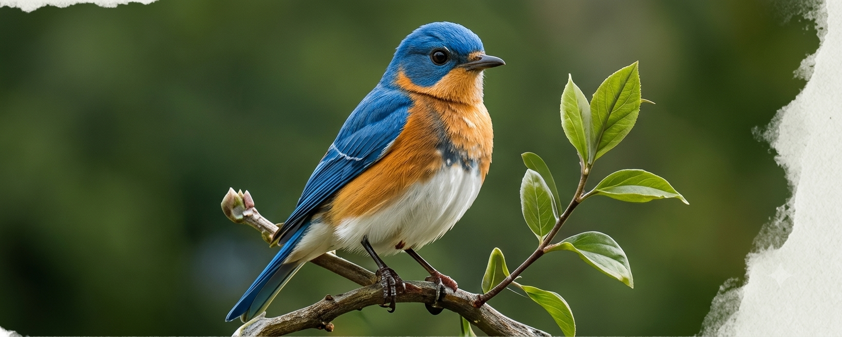Small bird with blue, orange, and white feathers perched on branch with green leaves.