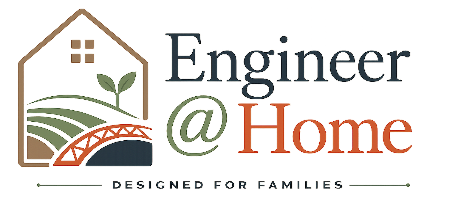 Logo showing a house outline with a plant, fields, and bridge, with text Engineer @ Home.