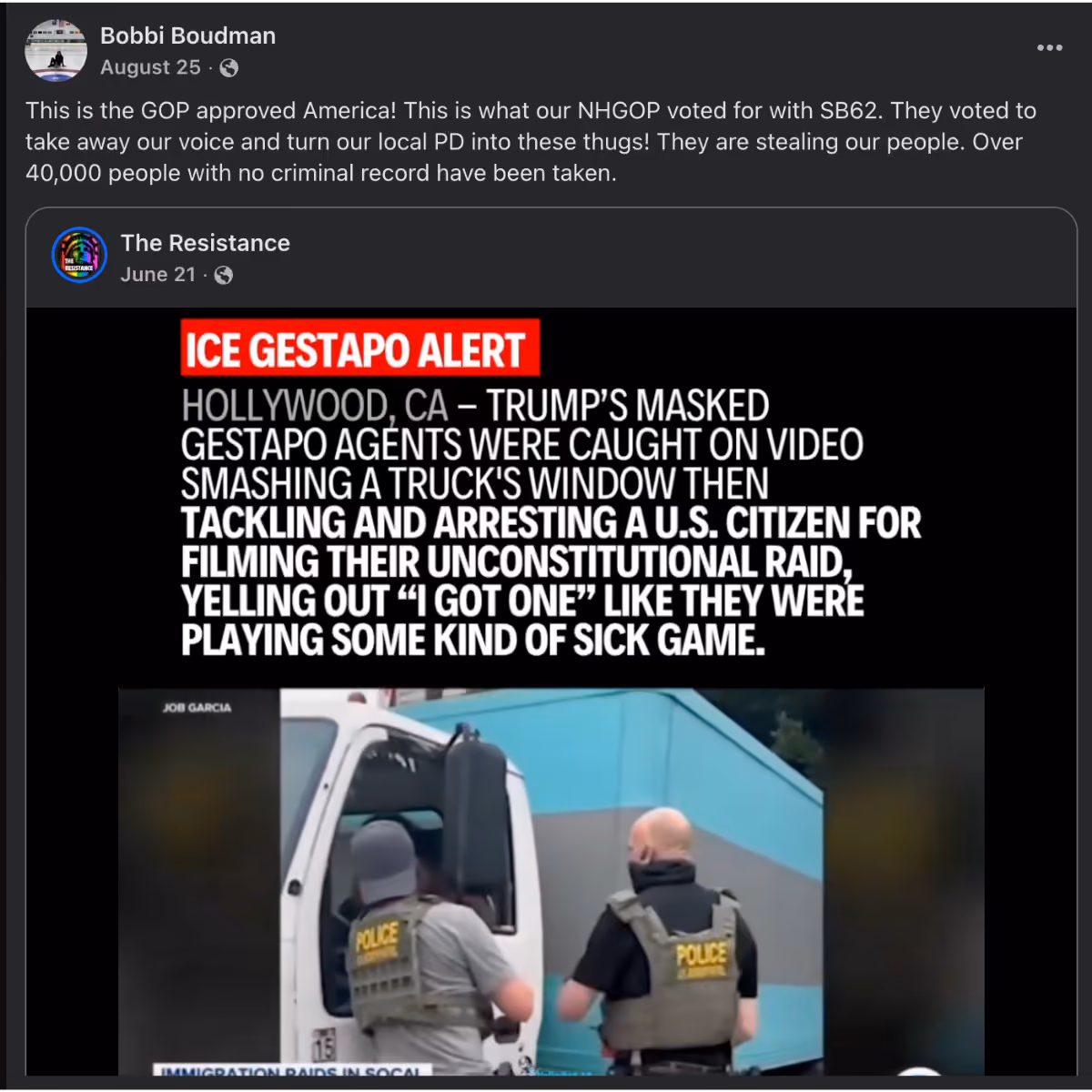 Facebook post from Bobbi Boudman calling New Hampshire police 'thugs' and referencing 'Gestapo' tactics in response to SB62, the state's ban on sanctuary city policies.