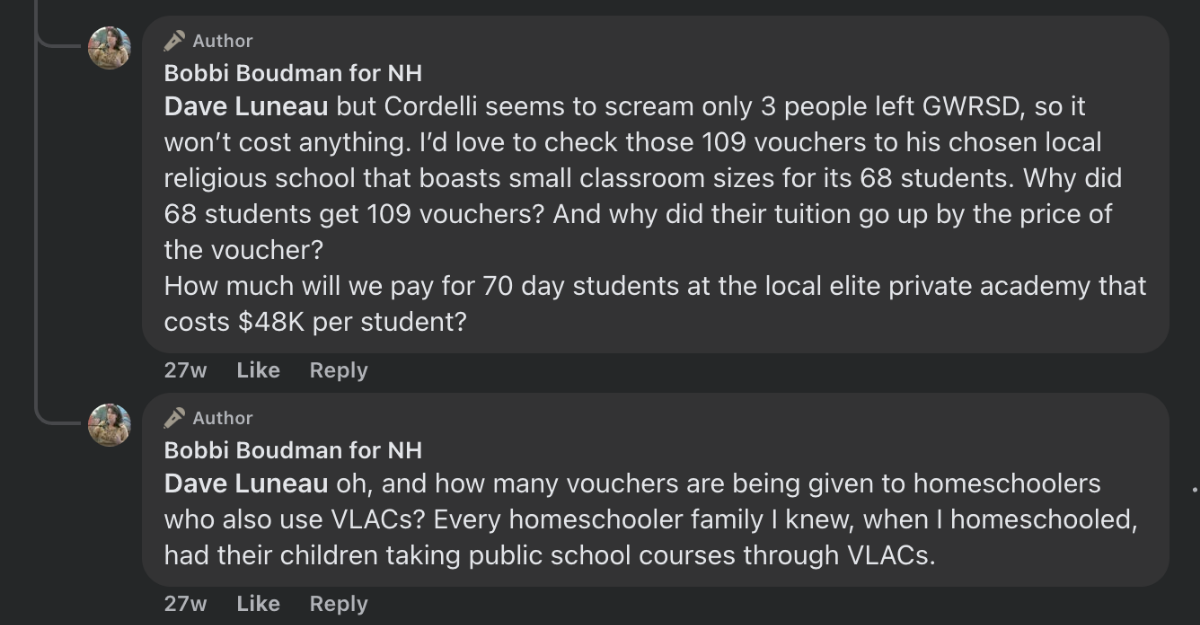 Facebook comment from Bobbi Boudman for NH questioning why a local religious school with 68 students received 109 school vouchers.