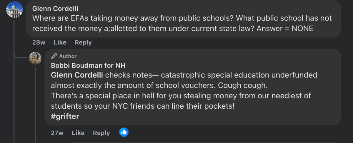 Facebook comment from Bobbi Boudman for NH telling Rep. Glenn Cordelli there's 'a special place in hell' for supporting school vouchers, in an exchange about special education funding.