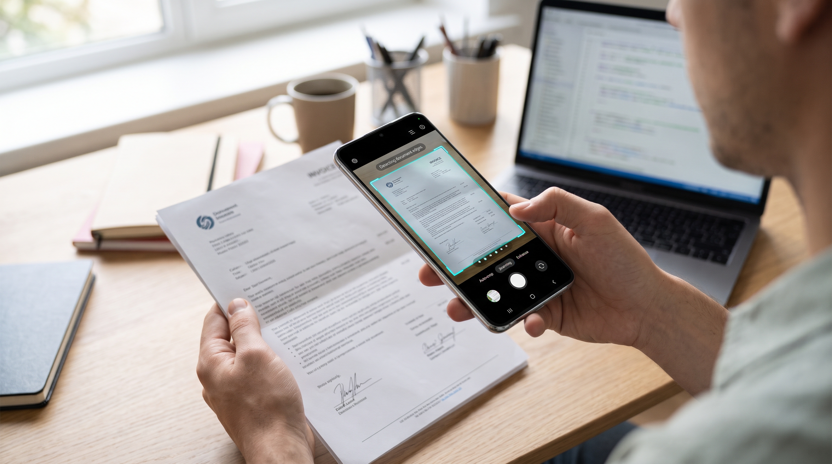 Self-employed person photographing a business document with a phone to keep a digital record