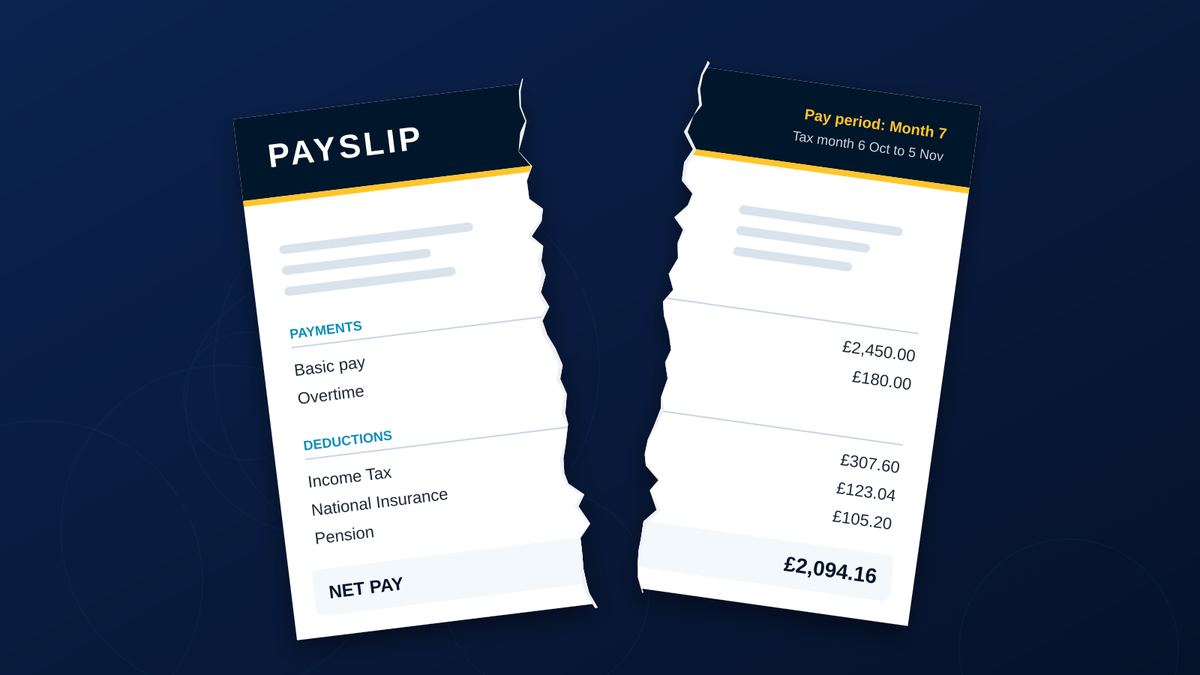 Illustration of a payslip torn in two, with payments, deductions and net pay split across the halves