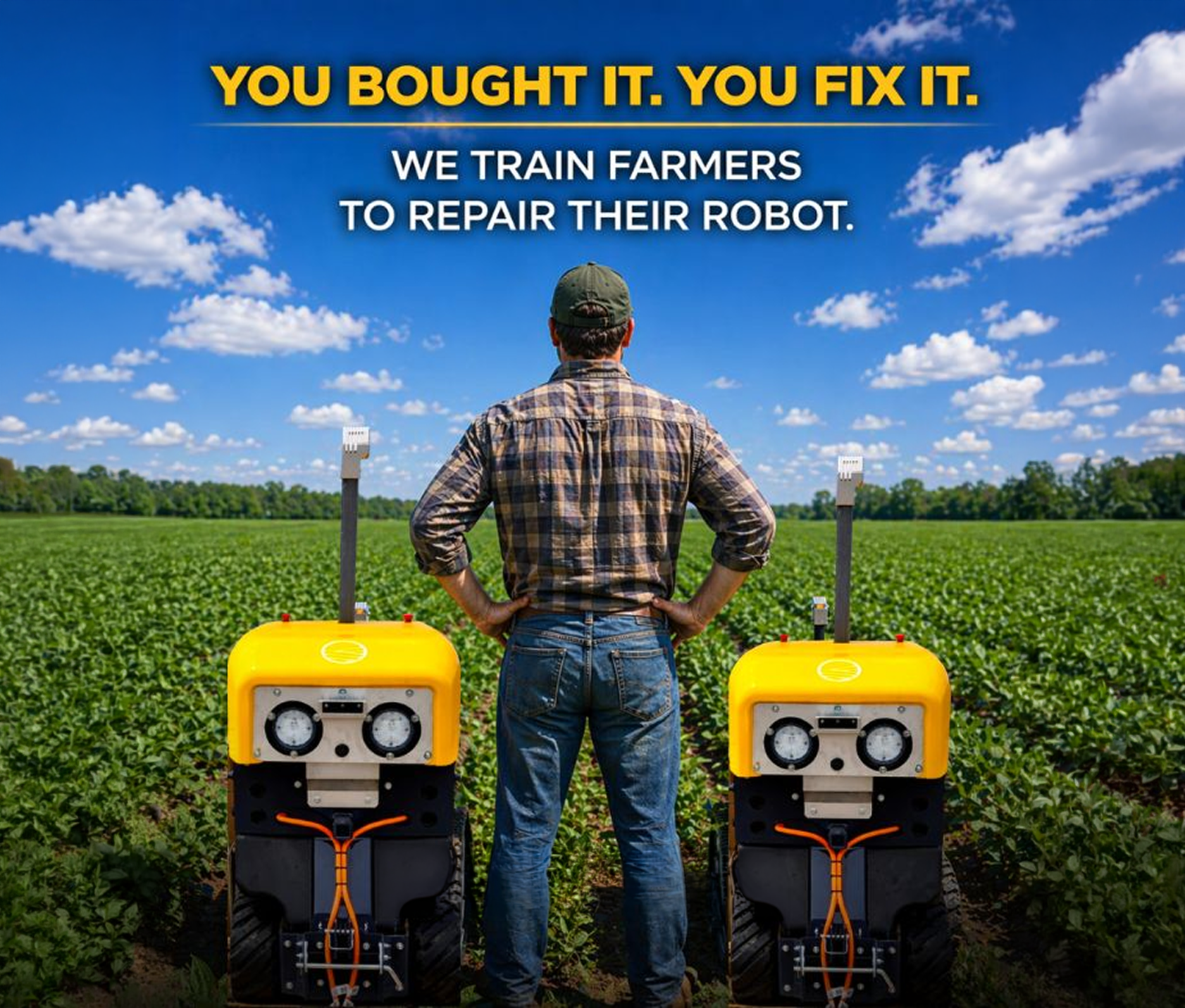 Farmer standing with two BOTONY robots