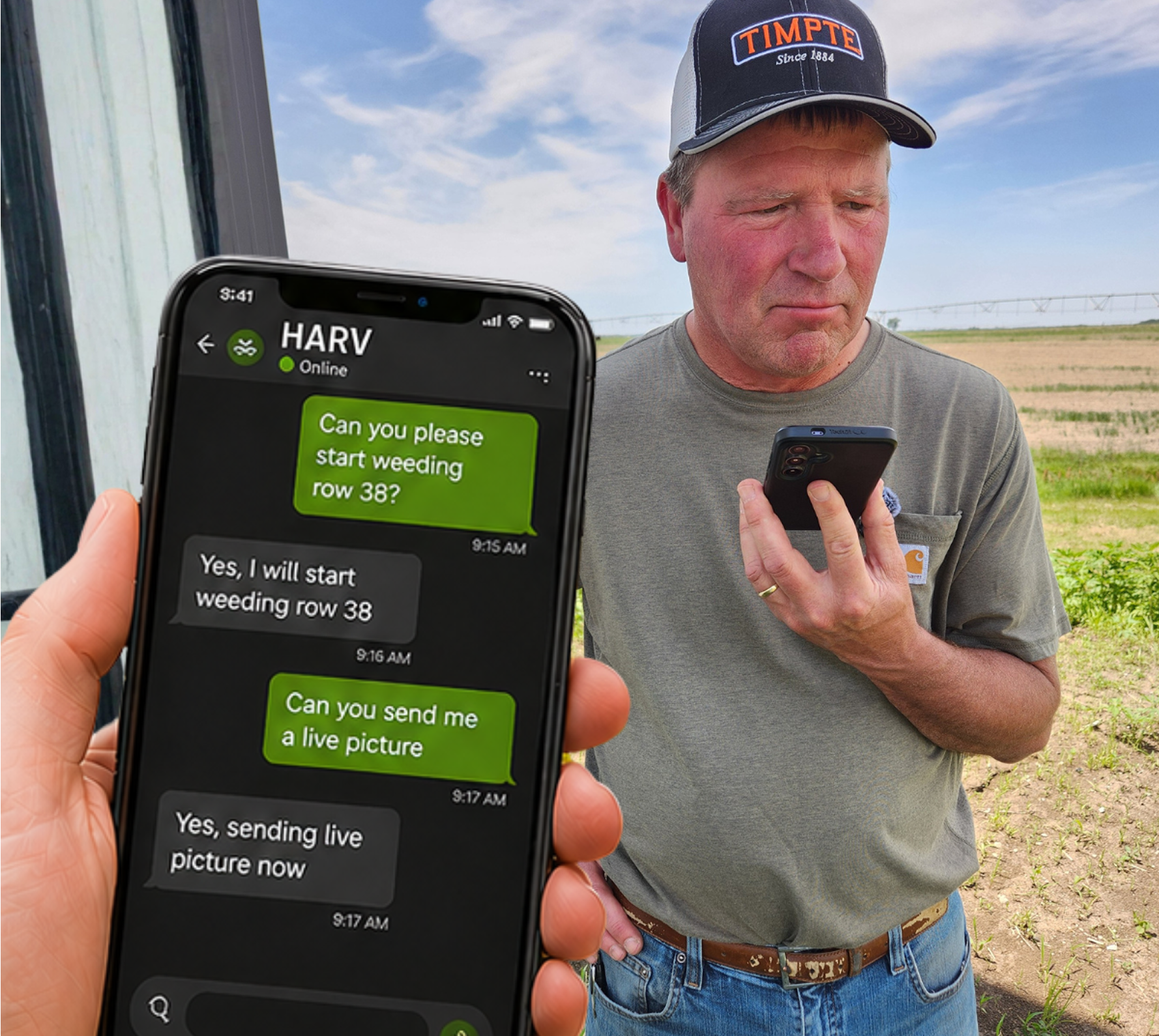 Farmer controlling a BOTONY robot by phone