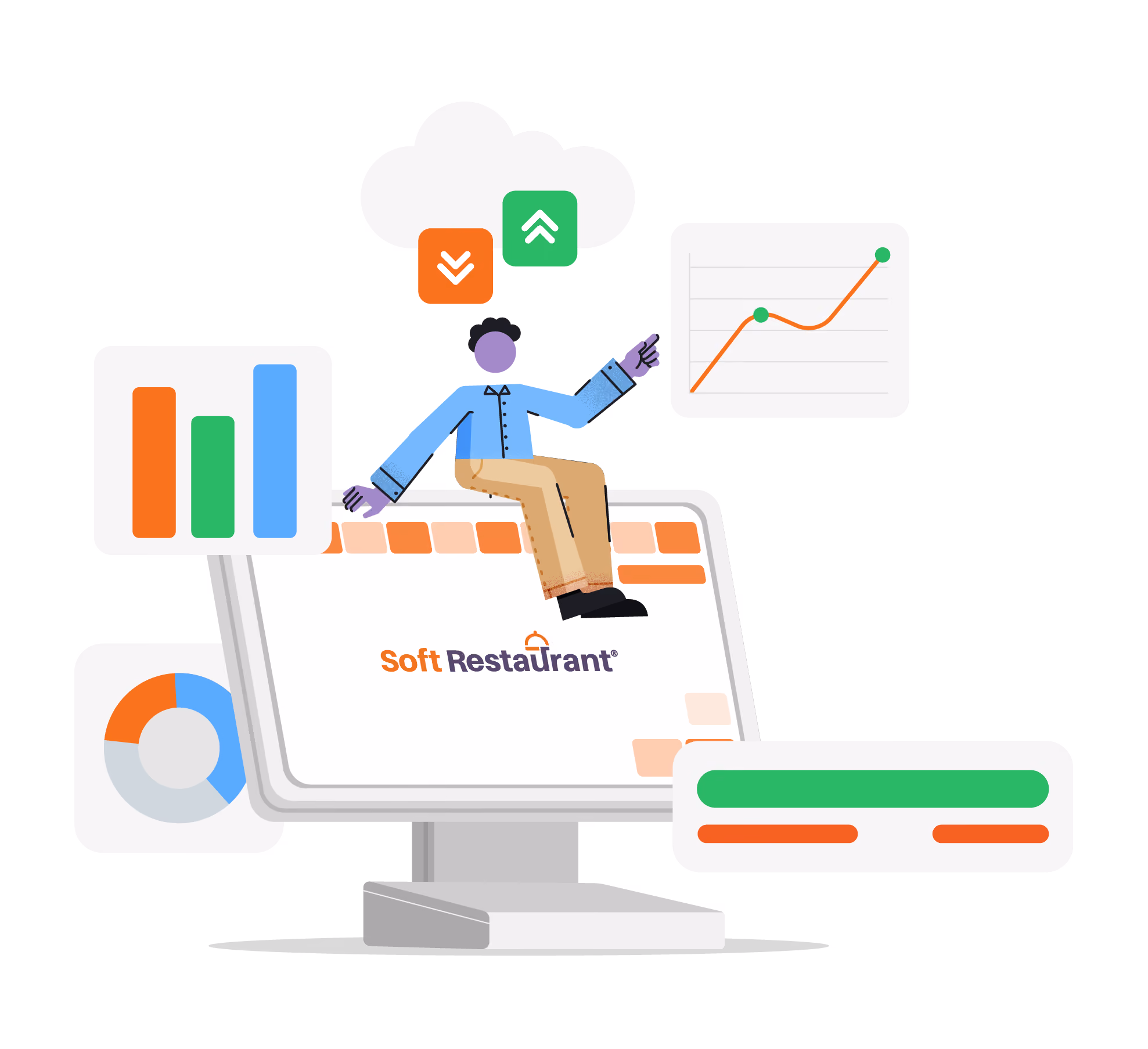 Illustration of a person sitting on a computer monitor displaying the Soft Restaurant logo, surrounded by colorful graphical elements including bar charts, a pie chart, a line graph, and up and down arrows representing data analysis and restaurant software analytics.