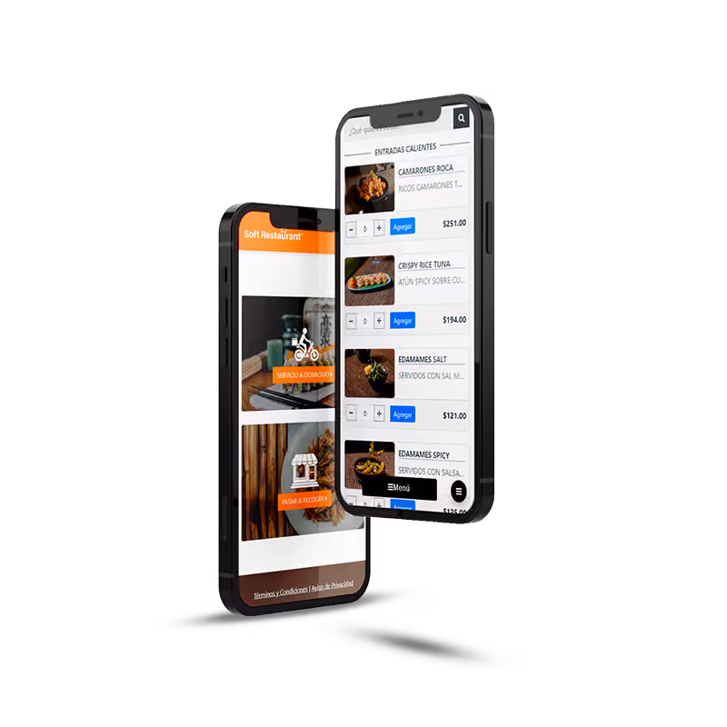 Two smartphones displaying a food ordering app interface; one shows food images with options for home delivery and pickup, the other shows a menu with dish names, images, prices, and add buttons.