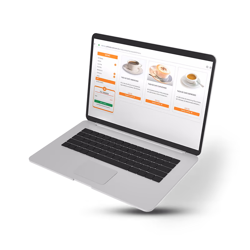 Laptop displaying an online coffee menu with images and descriptions of Americano, Cappuccino, and Espresso, each with price and add-to-cart button.