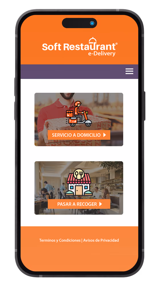 Mobile screen showing Soft Restaurant e-Delivery app with two options: delivery service illustrated by a delivery person holding a box and pickup option illustrated by a restaurant icon, with buttons labeled Servicio a Domicilio and Pasar a Recoger.