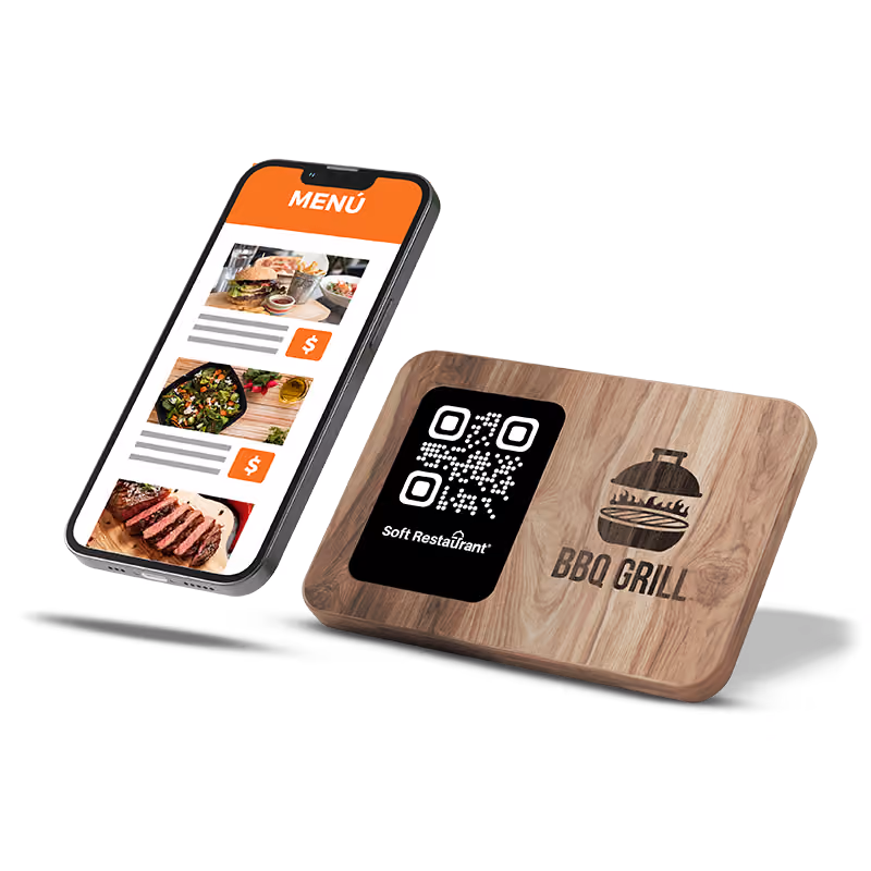 Smartphone displaying a digital food menu with images of a burger, salad, and steak, next to a wooden QR code holder engraved with a BBQ grill icon and the text BBQ GRILL.