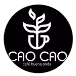 Circular black logo with white design featuring a stylized coffee cup combined with a plant growing from it and the text 'CAO CAO café buena onda' beneath.