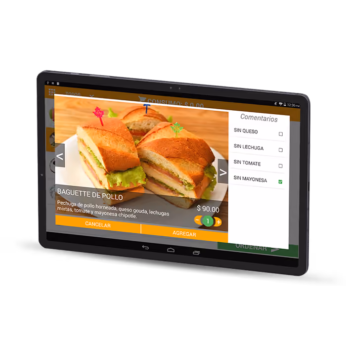 Digital menu on a tablet screen displaying a chicken baguette sandwich with lettuce, cheese, tomato, and chipotle mayonnaise, priced at 90 pesos, with options to customize by removing cheese, lettuce, tomato, or mayonnaise, and buttons to cancel or add the item.
