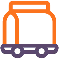 Icon of a delivery truck with an orange container on a purple base with two wheels.