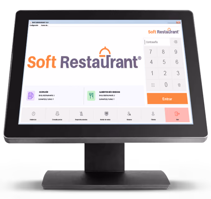 Touchscreen POS system displaying Soft Restaurant software login screen with numeric keypad, login button, and menu icons for tables, orders, products, cash register, users, customers, and exit.