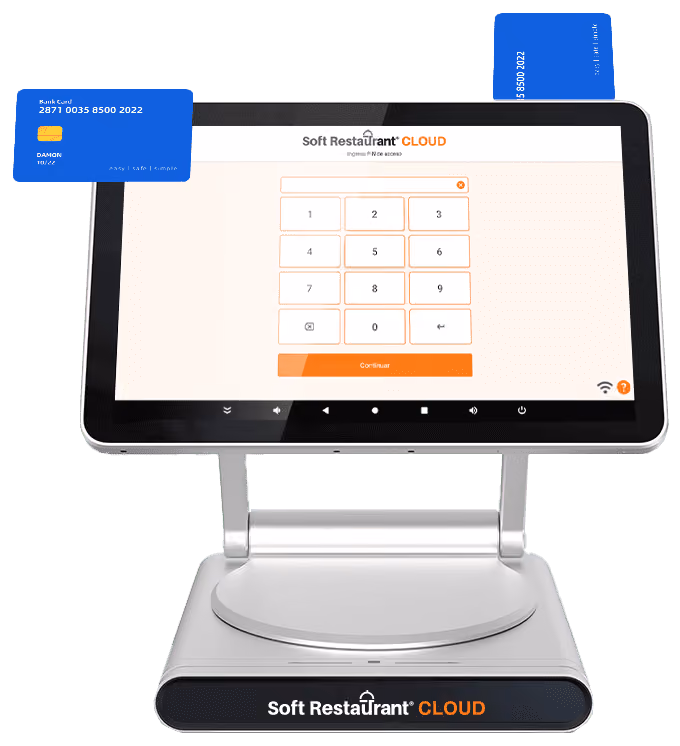 Point of sale system with screen displaying Soft Restaurant Cloud login keypad and two blue bank cards, one inserted at the top right and one floating to the left.