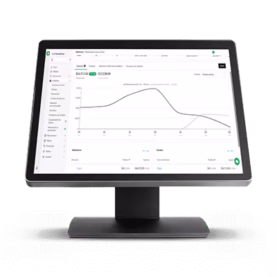 POS terminal screen showing delivery manager software with a graph of sales or revenue trends over a 30-day period, menu tabs on the left and summary statistics below the graph.
