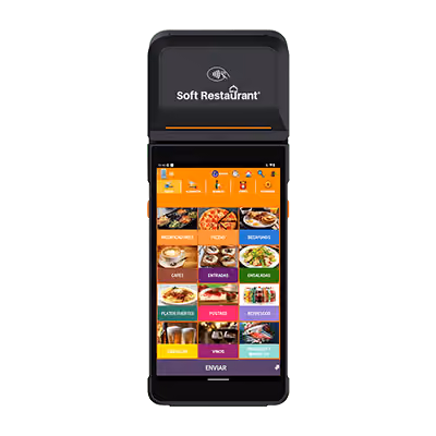 Handheld digital device with a screen displaying a colorful restaurant menu app labeled Soft Restaurant, showing categories like pizzas, desserts, salads, coffees, starters, daily specials, drinks, wines, seafood, and a send button at the bottom.