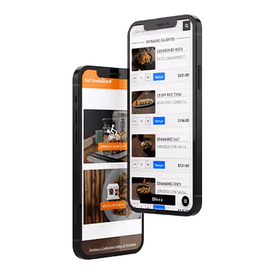 Two black smartphones angled and floating, showing a restaurant ordering app interface with menu items, photos, add buttons, and prices in a vertical list.