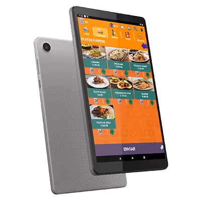 Two grey tablets, one showing an orange restaurant menu app with images and prices of dishes in Spanish under the category 'Platos Fuertes'.