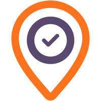 Orange location pin icon with a purple circle inside containing a checkmark.