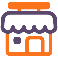 Icon of a small restaurant building with a rounded orange sign on top and a dark purple scalloped awning.