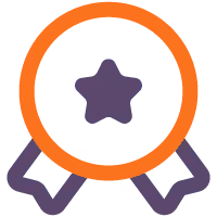 Icon of a purple star inside an orange circle with two ribbon tails below, representing an award or badge.