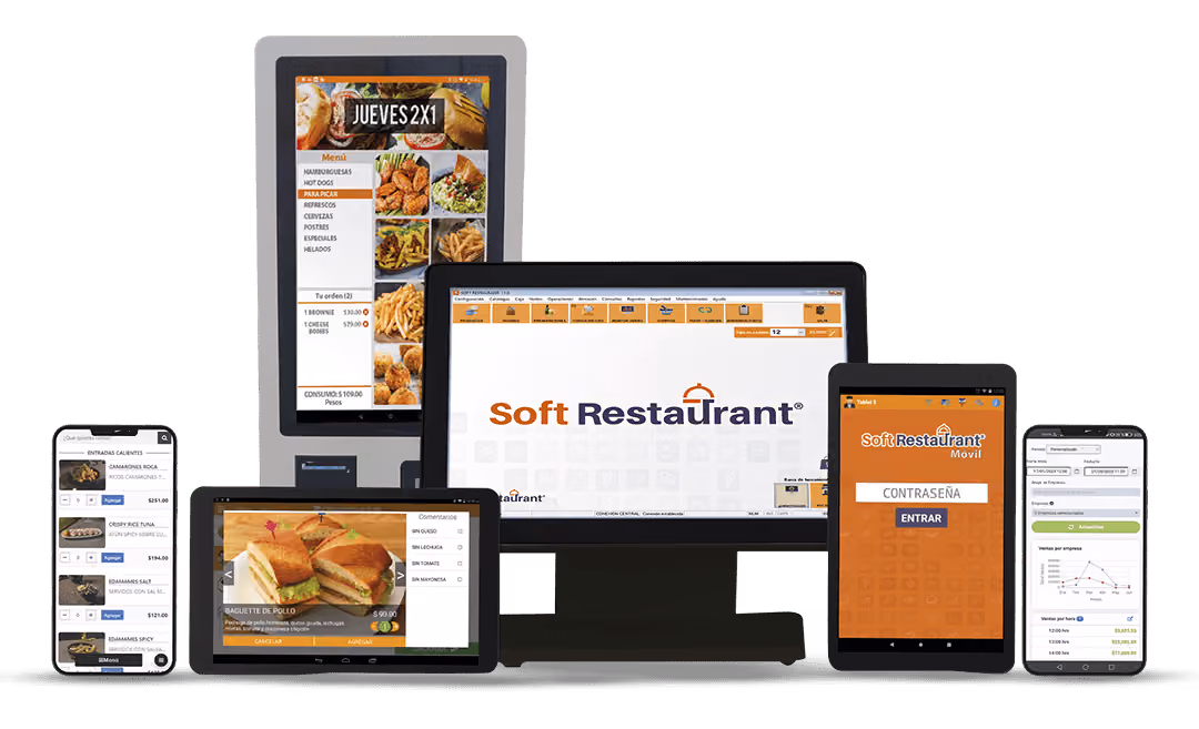 Multiple devices including two smartphones, two tablets, and a desktop monitor displaying various screens of Soft Restaurant software, such as ordering menus, item details, login page, and sales reports.