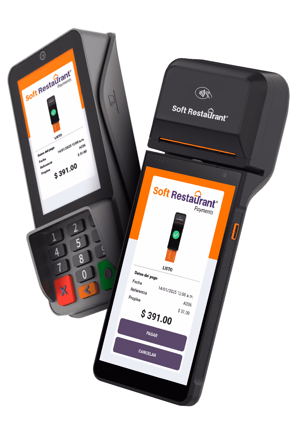 Two black Soft Restaurant payment terminals with screens displaying a payment confirmation for $391.00, showing date, reference number, tip amount, and buttons labeled PAY and CANCEL.