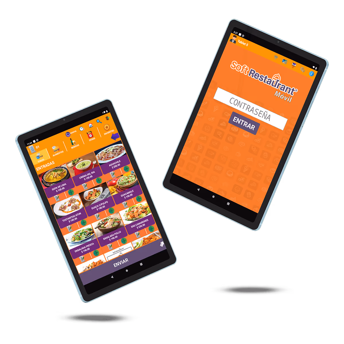 Two tablets displaying the SoftRestaurant Móvil app; one shows a login screen asking for a password with an orange background, the other displays a menu screen with food items, prices, and an order button.