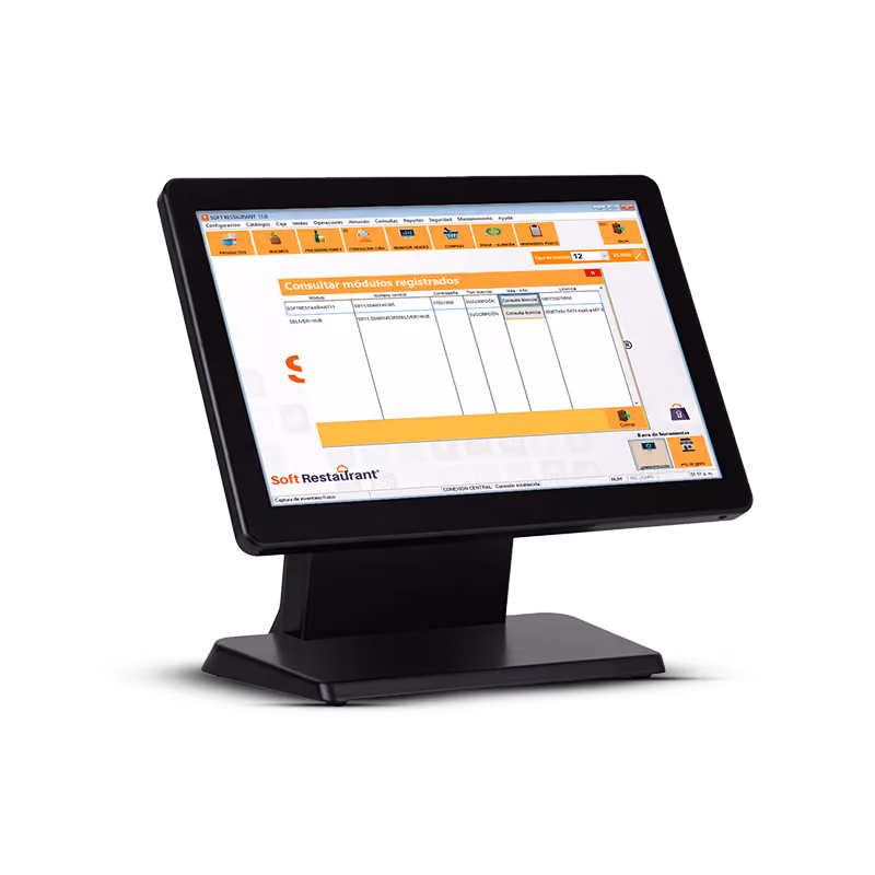 Black touchscreen point-of-sale terminal displaying the Soft Restaurant software interface with an open window titled 'Consultar módulos registrados' showing registered modules and various menu icons at the top and right side of the screen.