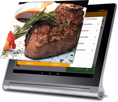 A thick grilled steak garnished with herbs, accompanied by sauce and a sprig of rosemary, displayed on the screen of a modern tablet device.