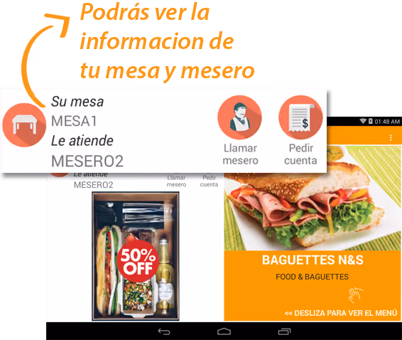Digital restaurant menu interface showing a sandwich image labeled BAGUETTES N&S with food category, a 50% off promotion on a combo meal, and options to call the waiter or request the bill. The screen also indicates the customer's table (MESA1) and waiter (MESERO2).