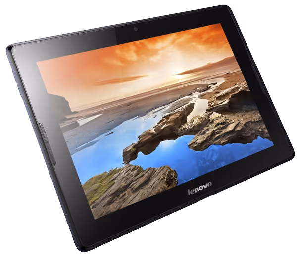 Lenovo tablet displaying a scenic landscape with rocky formations and a sunset reflected in calm water.