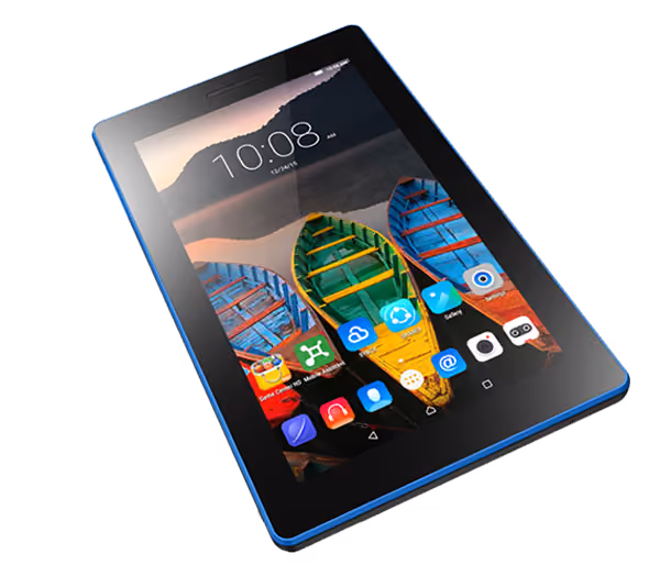 Blue tablet device displaying a screen with colorful rowboats wallpaper and various app icons on the home screen.