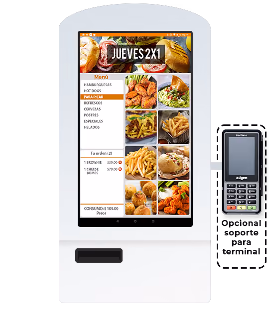 White self-service kiosk with a touchscreen menu displaying various food items including burgers, hot dogs, finger foods, fries, and chicken wings, with prices and order summary below; a payment terminal is attached on the right side.