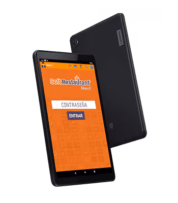 Black Lenovo tablet showing the SoftRestaurant Móvil app login screen with a password entry box and a blue 'ENTRAR' button on an orange background.