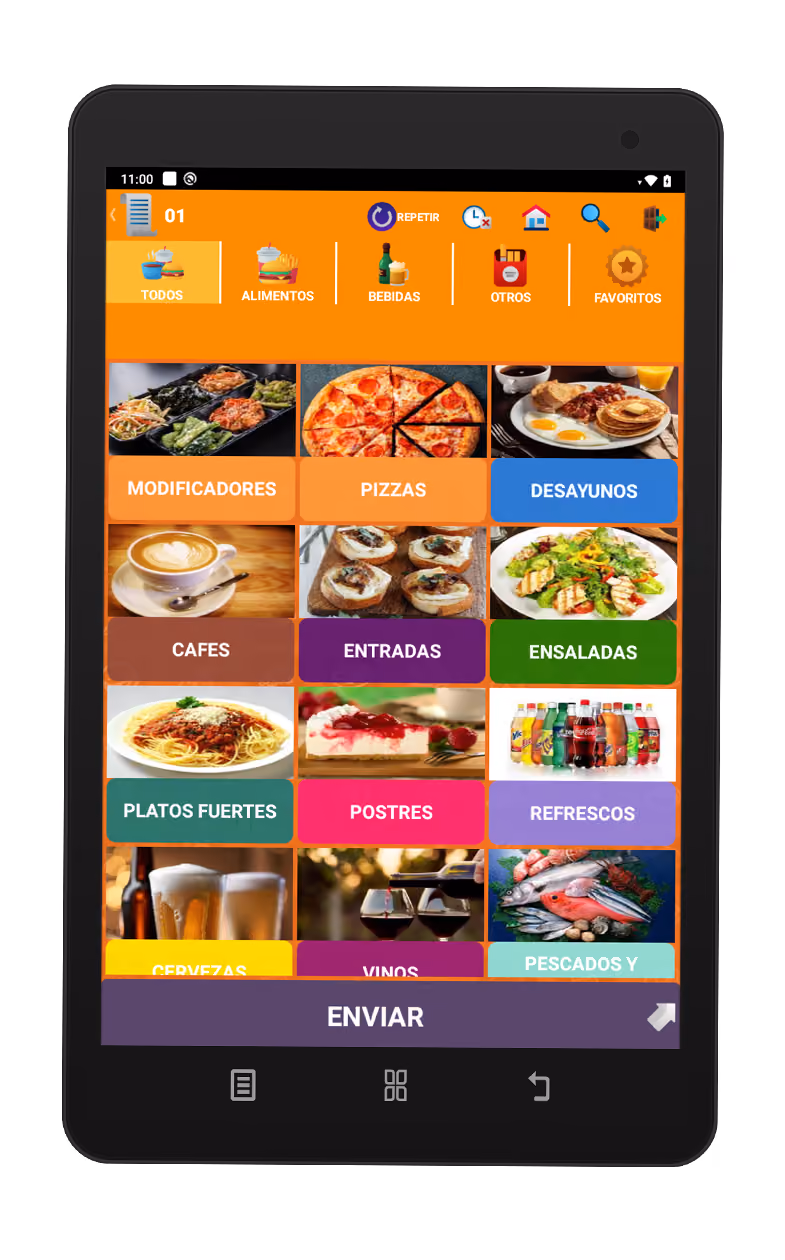 Tablet screen showing a food ordering app with categorized menu options including Modificadores with assorted dishes, Pizzas with a pepperoni pizza, Desayunos with breakfast plate, Cafes with a cup of coffee, Entradas with appetizers, Ensaladas with a grilled chicken salad, Platos Fuertes with spaghetti, Postres with cheesecake, Refrescos with soft drinks, Cervezas with beer glasses, Vinos with wine glasses, and Pescados y Mariscos with fish and seafood, plus a purple button labeled Enviar.