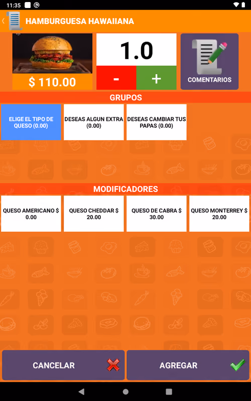 Mobile app screen for ordering a Hawaiian burger priced at $110.00 with quantity controls set to 1.0, a comments button, groups of options to choose cheese type, add extras, or change fries, and modifiers listing cheese choices: American cheese $0.00, Cheddar $20.00, Goat cheese $30.00, and Monterrey cheese $20.00, with cancel and add buttons at the bottom.