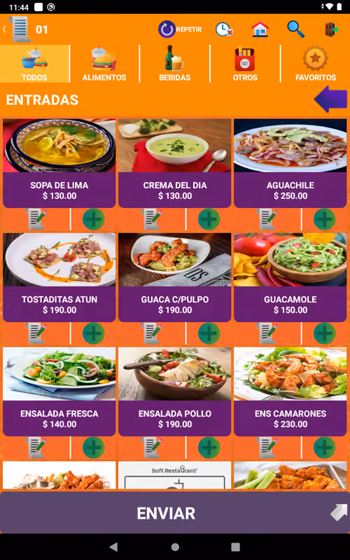 Mobile restaurant menu screen showing starters section with images and prices: Lima soup $130, daily cream soup $130, aguachile $250, tuna tostadas $190, guacamole with octopus $190, guacamole $150, fresh salad $140, chicken salad $190, shrimp salad $230, with icons for adding or editing items and buttons for navigating categories like foods, drinks, others, and favorites.