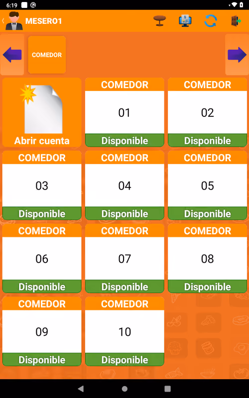 Restaurant table management app screen titled MESERO1 showing 10 tables labeled COMEDOR numbered 01 to 10, all marked as available with green 'Disponible' labels, an option to open a new account, and navigation arrows on an orange background.