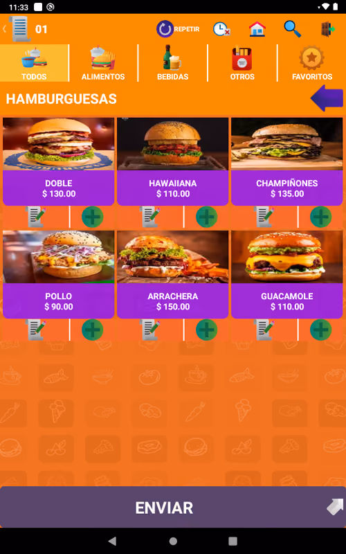 Mobile app screen showing a menu of hamburger options with photos and prices: Doble $130, Hawaiana $110, Champiñones $135, Pollo $90, Arrachera $150, Guacamole $110. The interface includes tabs for categories (Todos, Alimentos, Bebidas, Otros, Favoritos) and icons for repeat, clock, home, search, and menu. A purple button labeled 'ENVIAR' is at the bottom.