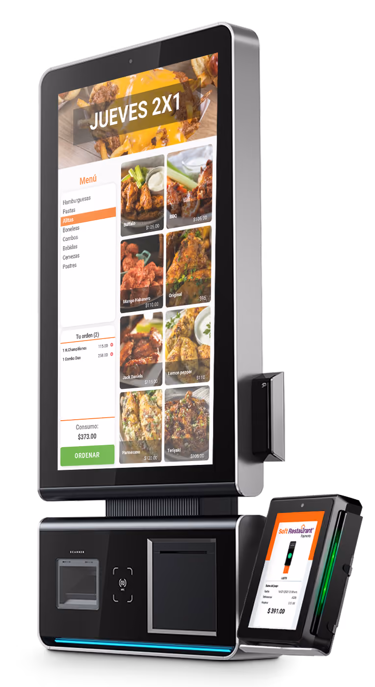 Modern self-service restaurant ordering kiosk with a tall touchscreen menu showing various chicken wing flavors and prices, a smaller attached payment terminal displaying a transaction summary, and a scanner and receipt printer below the main screen.