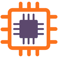 Icon of a computer chip with a purple central processor and an orange frame with connectors.