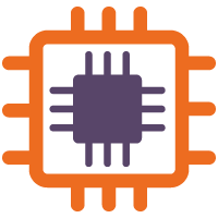 Icon of a computer chip with a purple central processor and an orange frame with connectors.