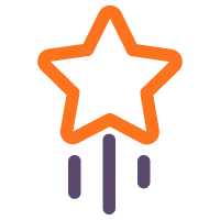 Orange outlined star with three purple lines below suggesting motion or sparkles.
