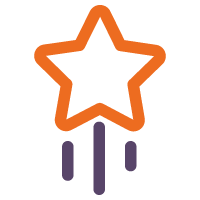 Orange outlined star with three purple lines below suggesting motion or sparkles.