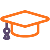 Simplified orange graduation cap with a purple tassel on the left side.
